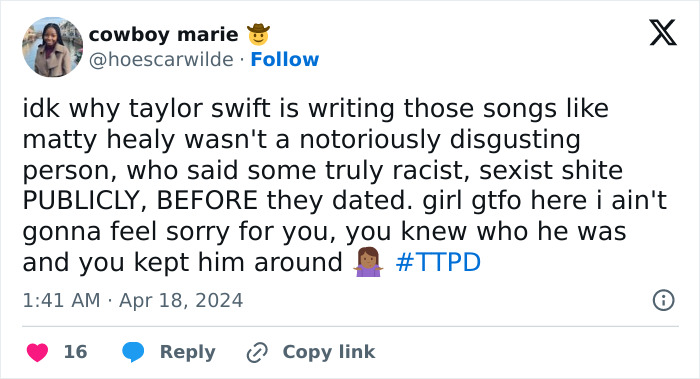 Taylor Swift Fans Outraged After Tortured Poets Lyrics Seem To Defend Relationship With “Racist” Matt Healy
