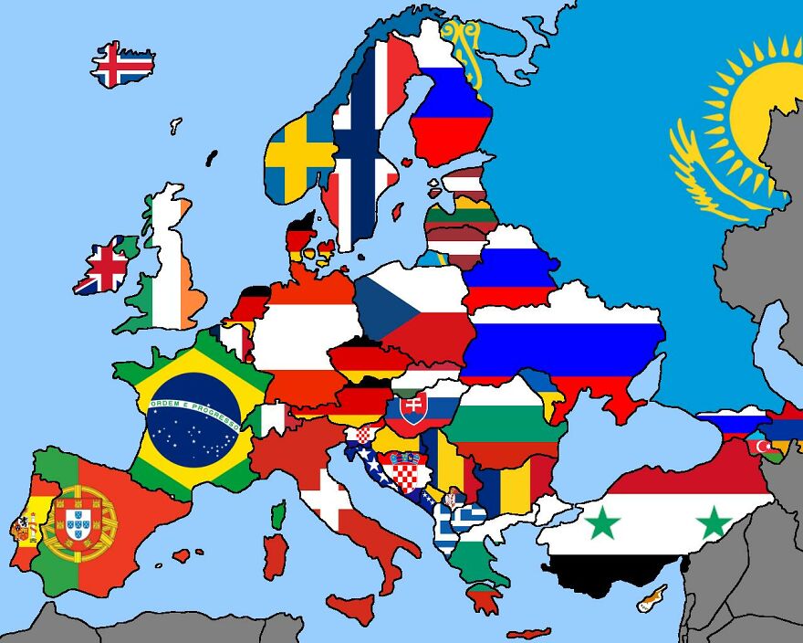 A Flag Map Of Europe But Each Flag Is Determined By Which Country They Share The Longest Border With