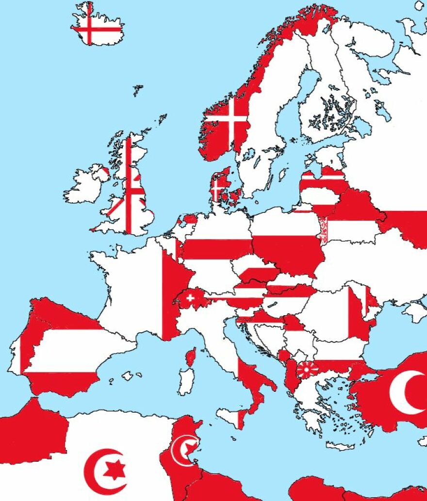 Flag Map Showing Only The Red Colour Of The Flags