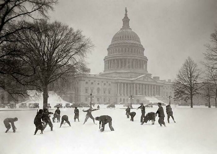 Republican Party Supporters And Democratic Party Supporters Fight With Snowballs In Front Of The Capitol. January, 1921, Washington, USA