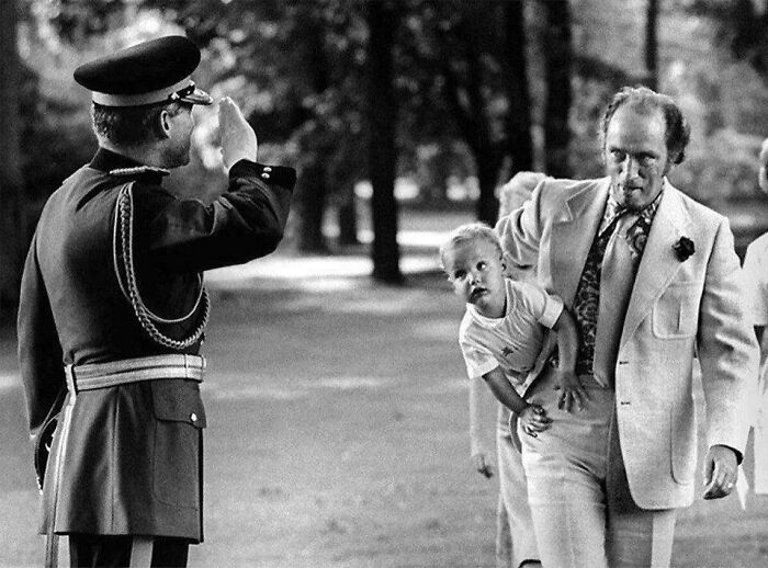 Canadian Prime Minister Pierre Elliott Trudeau Carries The Country's Future Prime Minister Justin Trudeau Under His Arm. Ottawa, 1973