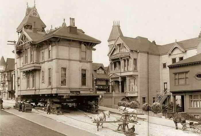 A Victorian Home Being Moved Via Horse Power. San Francisco, California, USA. 1908