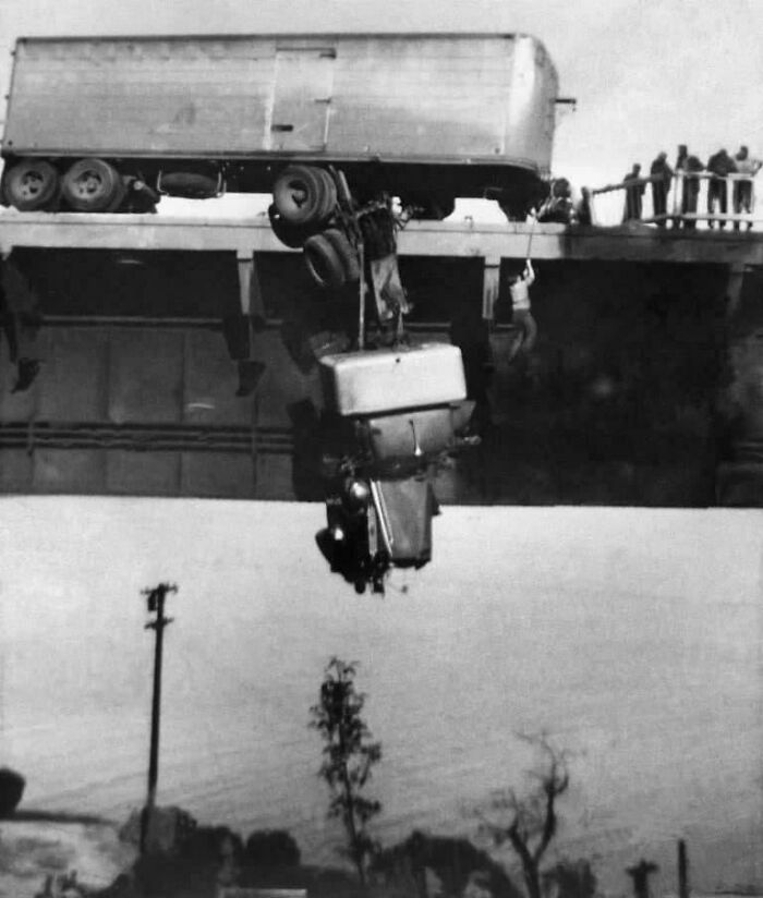 Pictured Is Paul Overby, One Of Two Drivers Trapped In The Cab Of The Truck. He Is Pulled By A Rope In The Pit River Bridge Over Lake Shasta Near Redding, California, May 3, 1953. Both Overby And His Partner Hank Baum Were Rescued Before The Car Plunged And Caught Fire