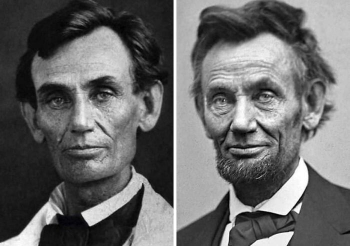 Abraham Lincoln In 1861 And 1865. A Noticeable Four-Year Contrast Against The Backdrop Of War