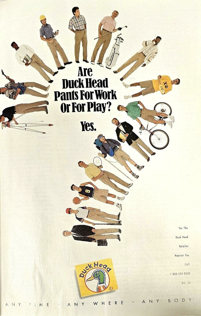 "¿Los pantalones Duck Head son para trabajar o para jugar? Sí" (1990)