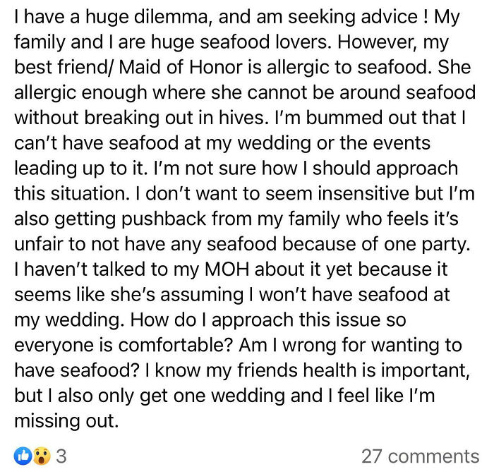 Someone Potentially Dying At Your Wedding Is A Much Better Idea, Than Simply Not Having Seafood For One Day