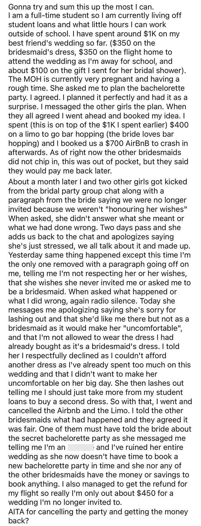 Cancelling My Best Friend's Bachelorette Party After She "Fired" Me As A Bridesmaid