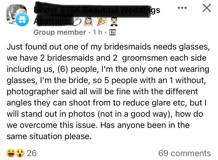 Bride Will Be The Only One Not Wearing Glasses And Isn’t Sure How To "Overcome This Issue"