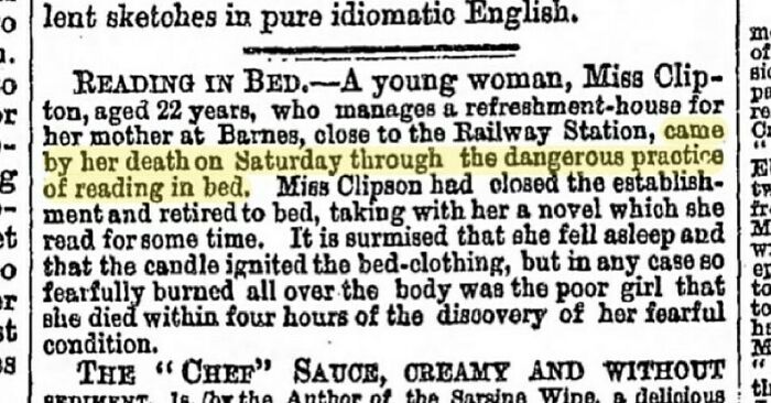 Women Dies In Fire, Reading In Bed Blamed.
(Daily News, London, 1870)
