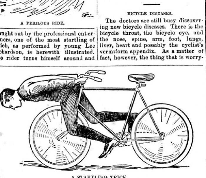 𝐁𝐈𝐂𝐘𝐂𝐋𝐄 𝐃𝐈𝐒𝐄𝐀𝐒𝐄𝐒 (Aug 6, 1896)
"The Doctors Are Still Busy Discovering New Bicycle Diseases. There Is The Bicycle Throat, The Bicycle Eye, And The Nose, Spine, Arm, Foot, Lungs, Liver, Heart And Possibly The Cyclist’s Vermiform Appendix." - The Bossier Banner.#bicycle #cycle #cycling #bike