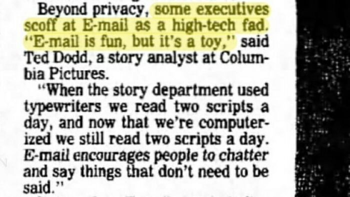 1992: Columbia Pictures Analyst Says "Email Is Fun, But It's A Toy"