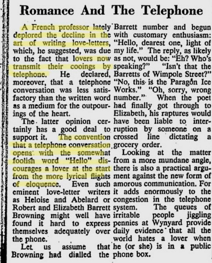 💔 1951: French Processor Blames Telephone For "Decline In The Art Of Writing Love-Letters”