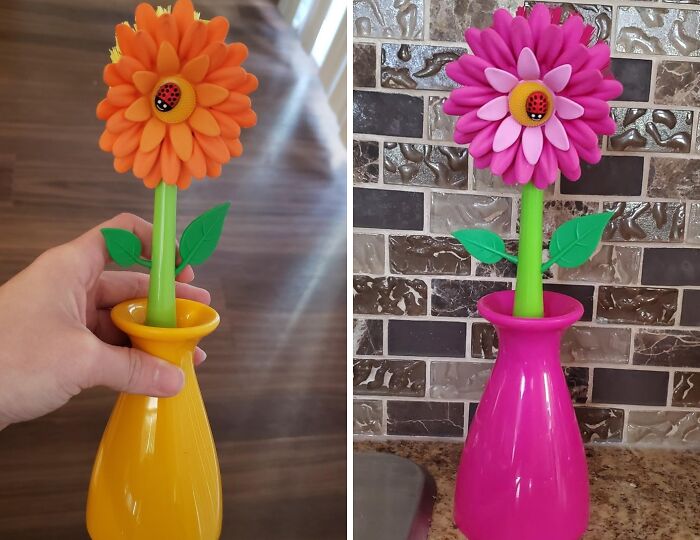 Brighten Your Kitchen With The Flower Power Orange Dish Brush With Vase: A Functional And Decorative Addition To Your Sink Area
