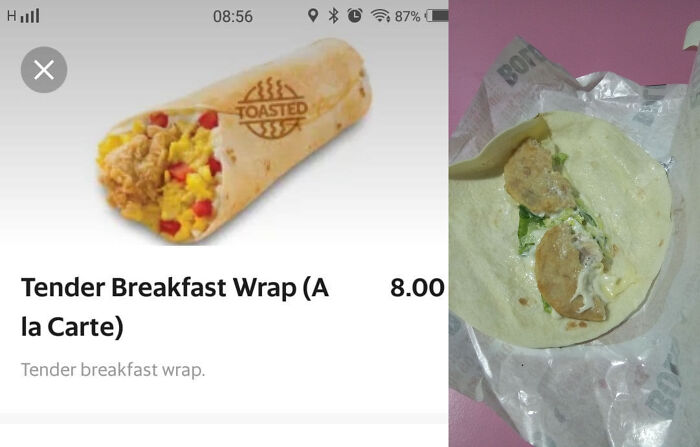 "How To Lose Your Appetite" 101 Courtesy Of Texas Chicken. My Expected Breakfast Was This Sad Lump Of A Wrap. I Paid 8 Bucks For It. Worth It? Ad Pic Versus Reality Pic