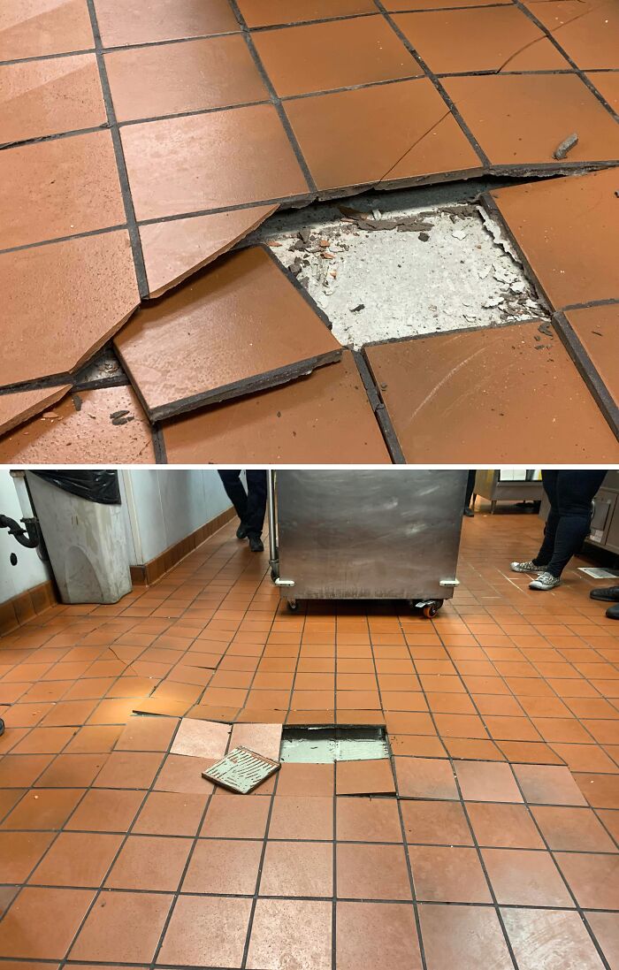 Commercial Kitchen. Over The Last 8 Hours All These Tiles Raised Up And Actually Cracked. No Gas Line Or Water Leaks Underneath. The Tiles Were Installed 2009. Is This Just Tiles That Need To Be Reinstalled?