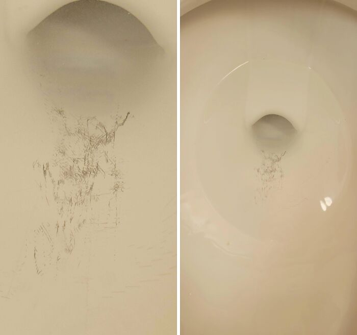 We Had Some Contractors Paint Our Master Bathroom Cabinets. After They Left I Noticed This Damage To Our Toilet. It Looks Like A Wire Brush Was Scratched In The Bowel