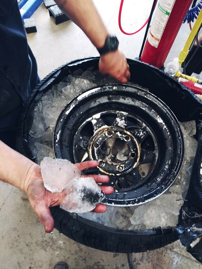 C/S To Install New Tire. C/Dns That The Tire Was Filled With Water In Sub-Zero Temperatures. Had To Cut The Sidewall Out With A Leatherman To Get The Tire Off The Wheel (After Breaking The Ice With A Sledgehammer)