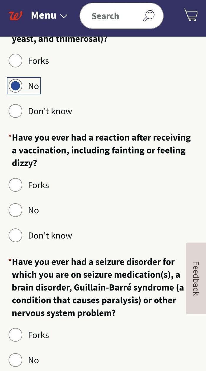 Scheduling A Vaccine At Walgreens And All Of The "Yes" Options Say "Forks"