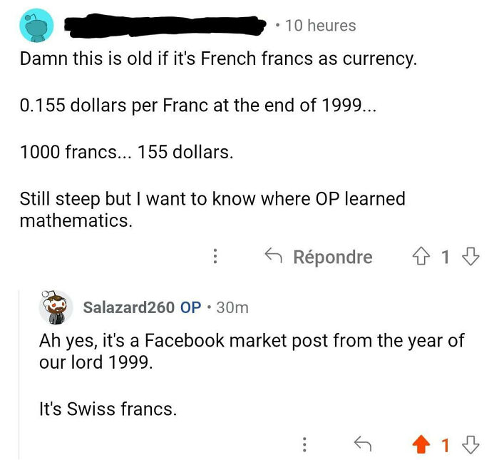 On A Post About Someone Selling Something For 1000 Francs / 1035 US Dollars On Facebook. French Francs Were Gone Years Before Facebook Was Invented