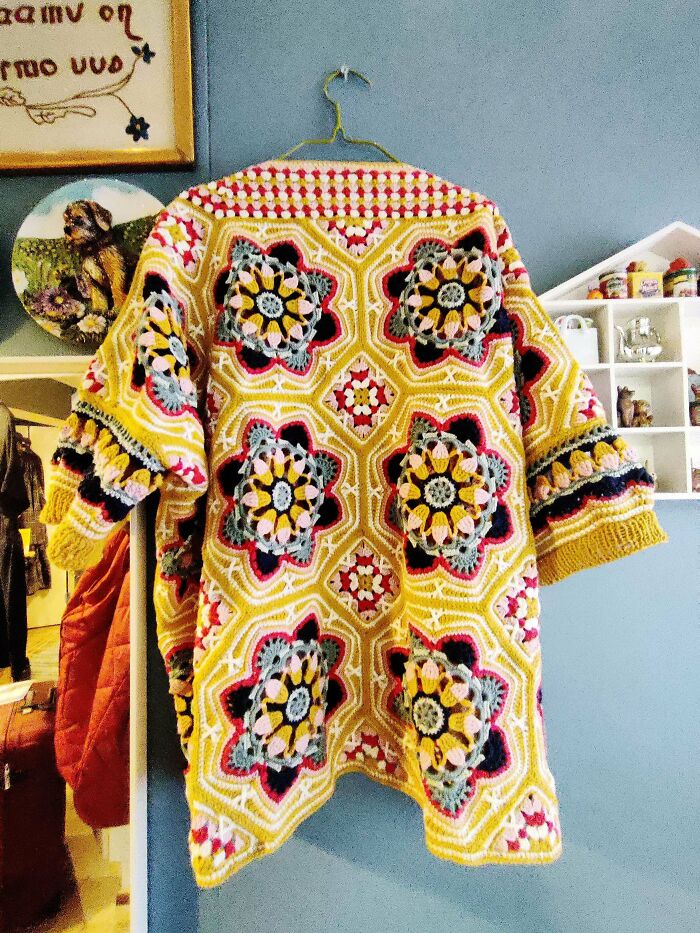 Turned My Persian Tiles Into An Oversized Cardigan. I Fell On Ice And I'm Going Into An Elbow Surgery On Tuesday And Don't Know When I Can Get Back To Crochet And Other Hobbies. Stay Safe Out There!