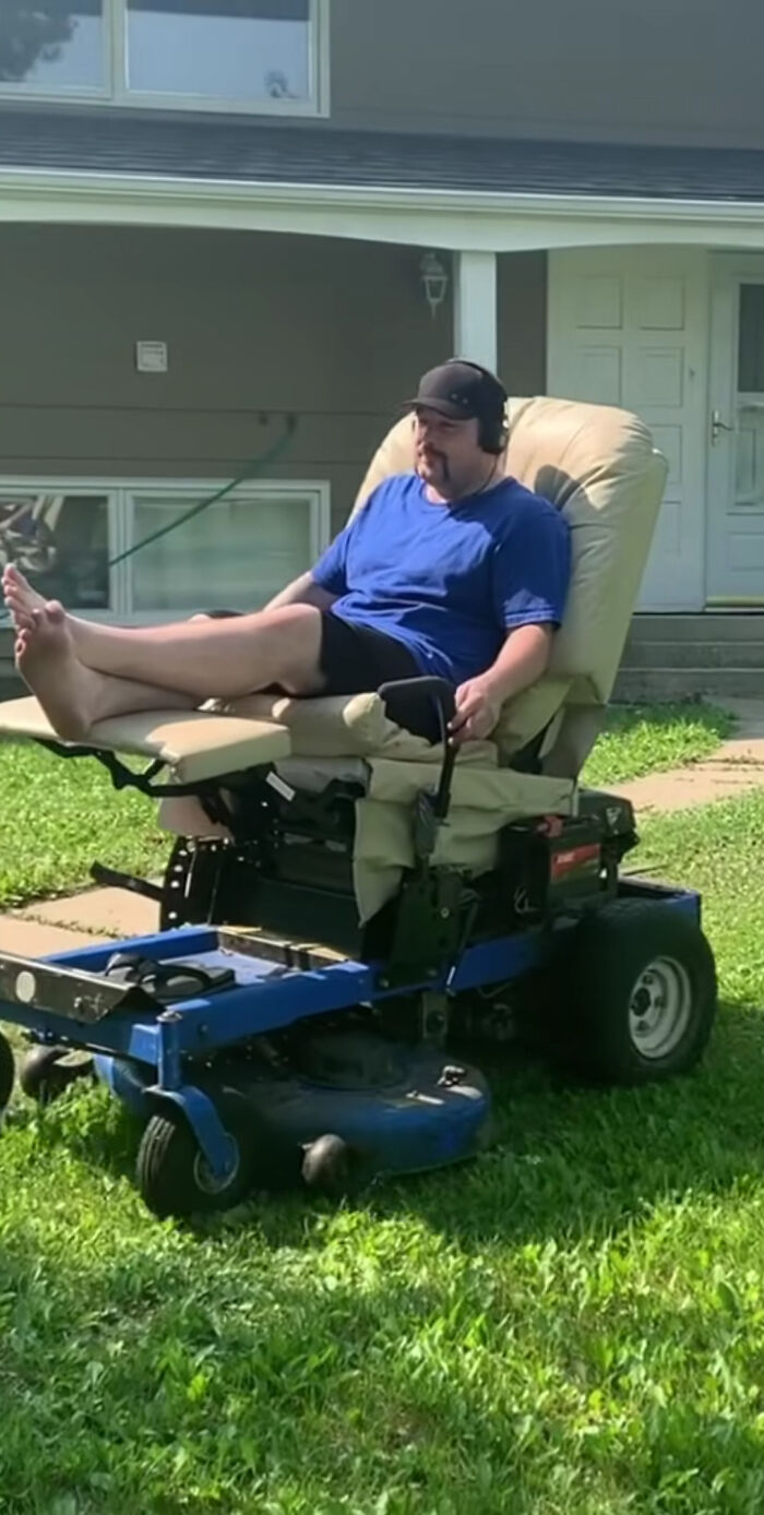 Guy Just Chilling On His Multi-Function Armchair Lawnmower, Listening A Livestock Auction
