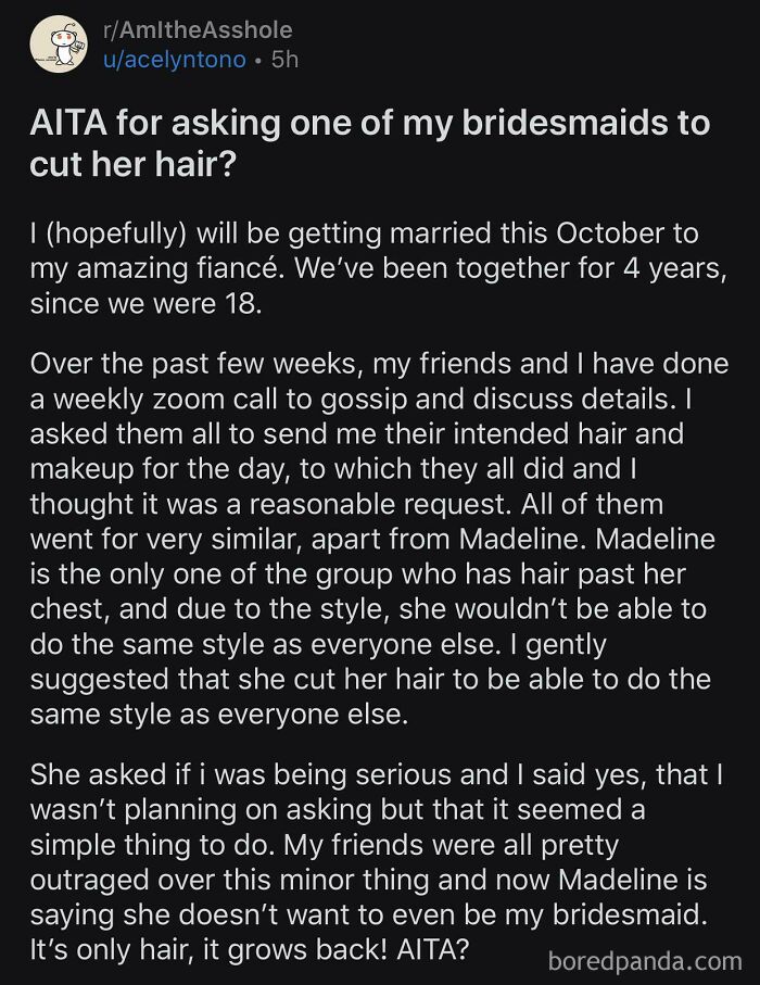 Bride Wants Bridesmaid To Cut Her Hair