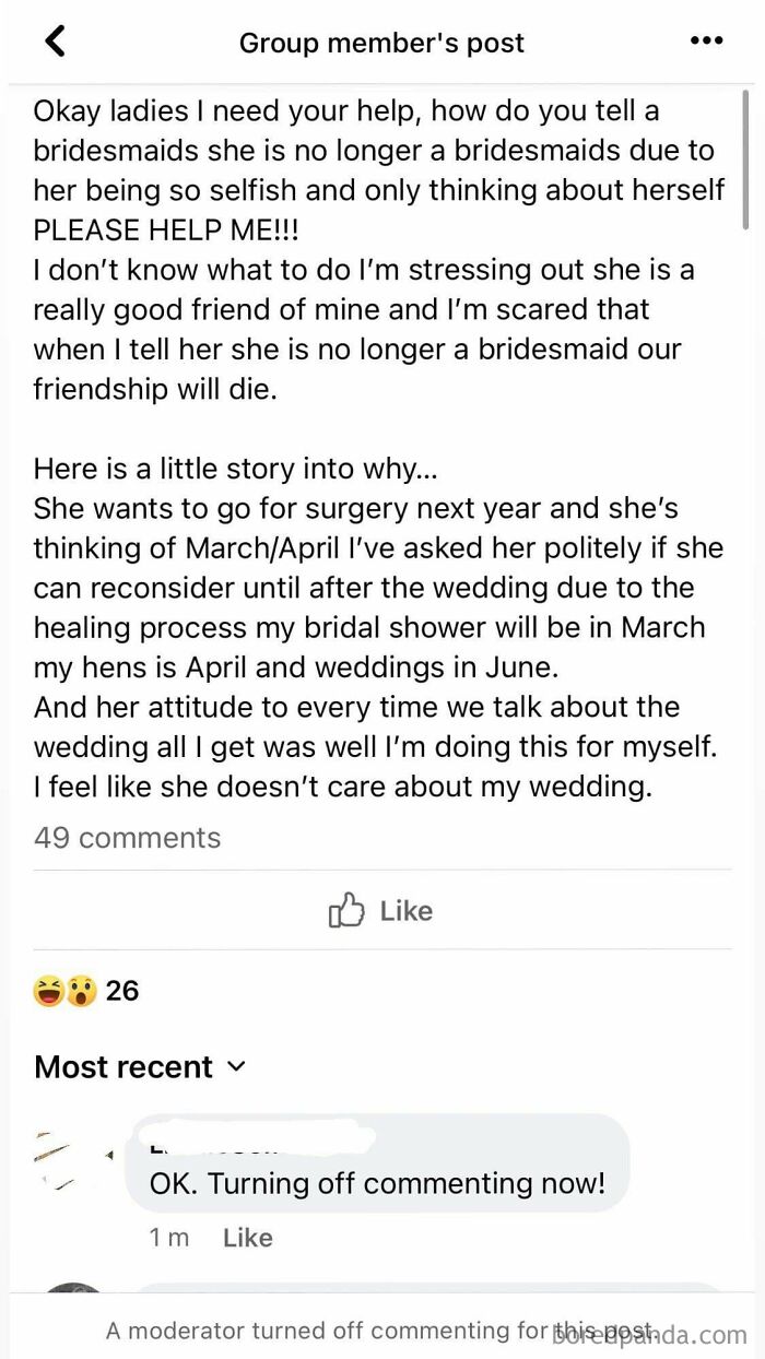 Bride To Be Is Furious That Bridesmaid Is Planning On Undergoing Surgery 3 Months Before The Wedding