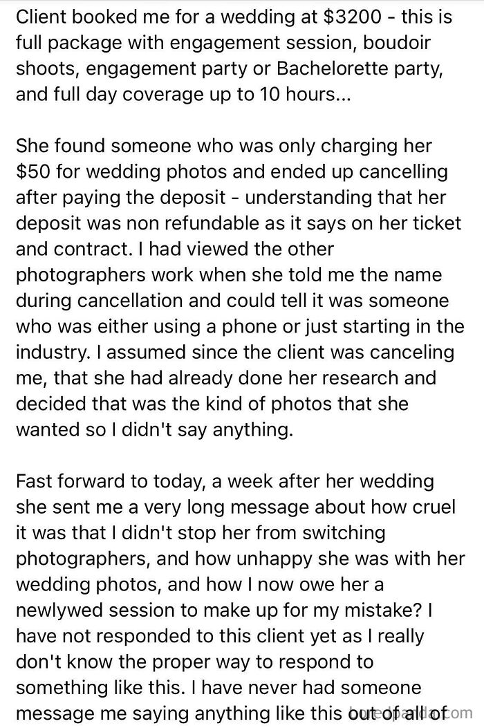 Bride Cancels Professional Photographer For Cheap Photos, Regrets It And Demands Free Photos From Professional