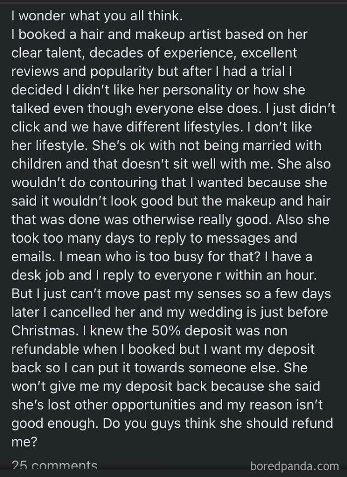 Bride Cancels Mua Because Mua Is Not Married And Has Kids. Bride Wants Deposit Back