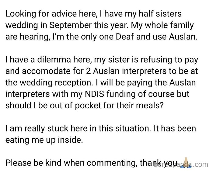 Bride Won’t Pay For Deaf Sister’s Sign Language Interpreters