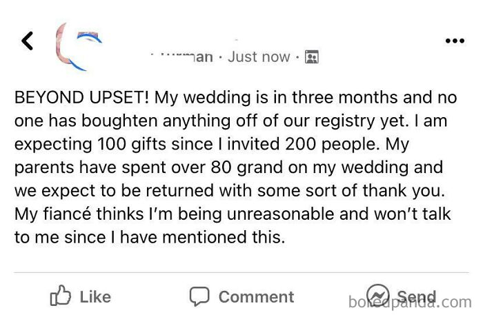 From A Wedding Group, Bride Is Mad Because No One Has Sent Gifts Yet