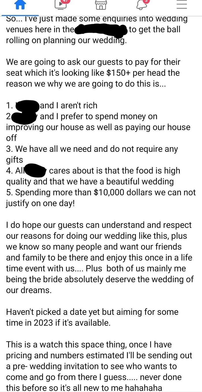 Guests Will Have To Pay For Their Seat Because Bride And Groom Aren't Rich