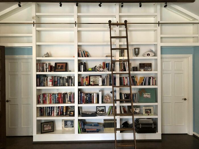 Bookcase With A Putnam Rolling Ladder In Our Bedroom. My Wife And I Moved 4 Years Ago And My Goal Is To Fill It Entirely With Books Before The House Is Paid Off