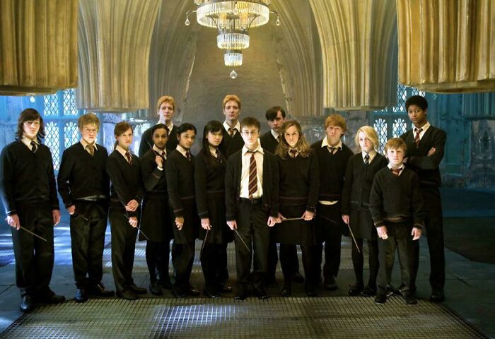 In Harry Potter And The Order Of The Phoenix (2007). Dumbledore's Army: All The Girls Are Wearing Skirts Except Ginny (3rd From Left) Who Is Wearing Pants; Probably A Hand-Me-Down From Her Brothers. (Good Going Costume Department)