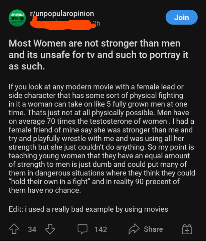 Reddit unpopular opinion post discussing physical strength differences between men and women, highlighting cringe-worthy takes on women.