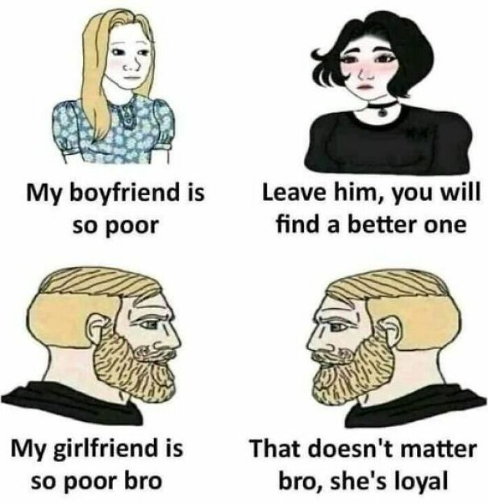 Two women and two men in a comic discussing loyalty and financial status with cringe-worthy takes on women and relationships.