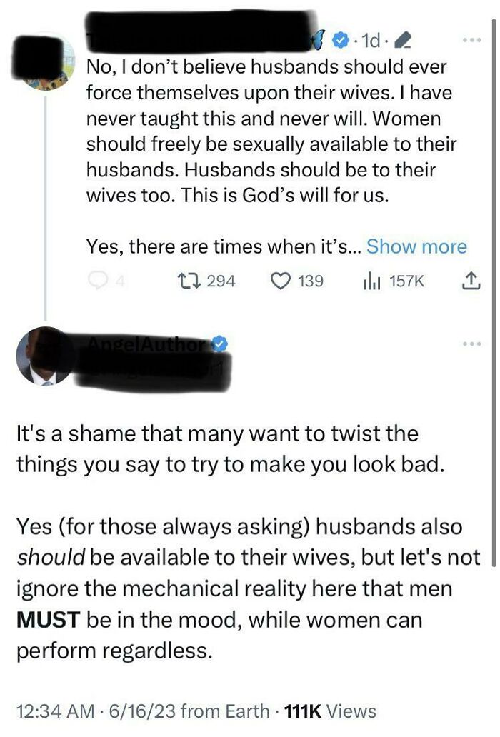 Screenshot of a Twitter exchange discussing controversial opinions about women and marital relationships, highlighting cringe-worthy takes on women.