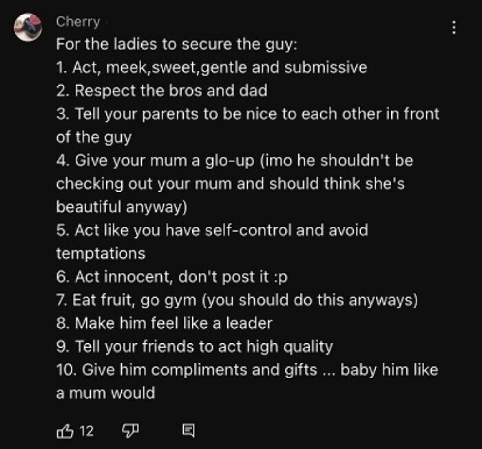 Cringe-worthy takes on women listing submissive behaviors and outdated gender roles to secure a romantic relationship.