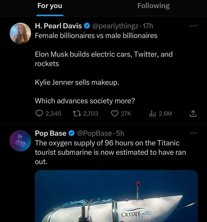 Screenshot of tweets featuring cringe-worthy takes on women comparing female billionaires and male billionaires, societal impact debated.