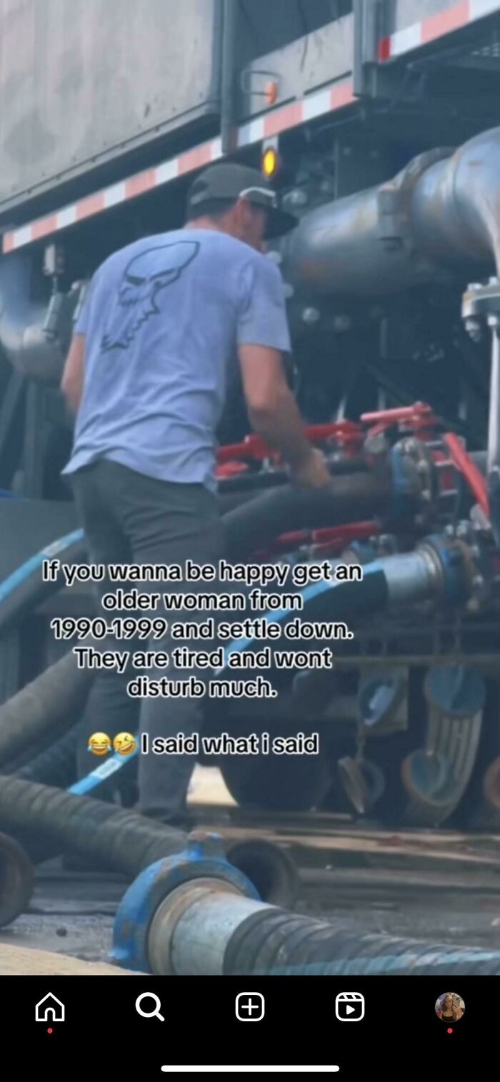 Man working on machinery with text about older women, showcasing cringe-worthy takes on women that may make you question humanity.