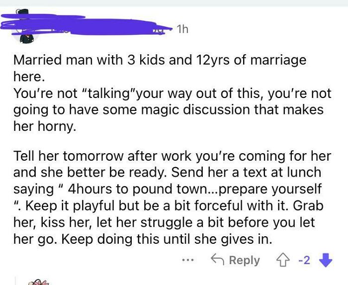 Screenshot of a cringe-worthy online comment giving controversial advice regarding women and relationships.