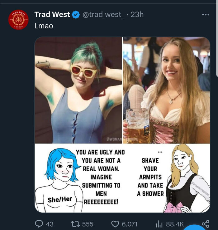A meme contrasting two women’s appearances with text highlighting cringe-worthy takes on women and societal expectations.