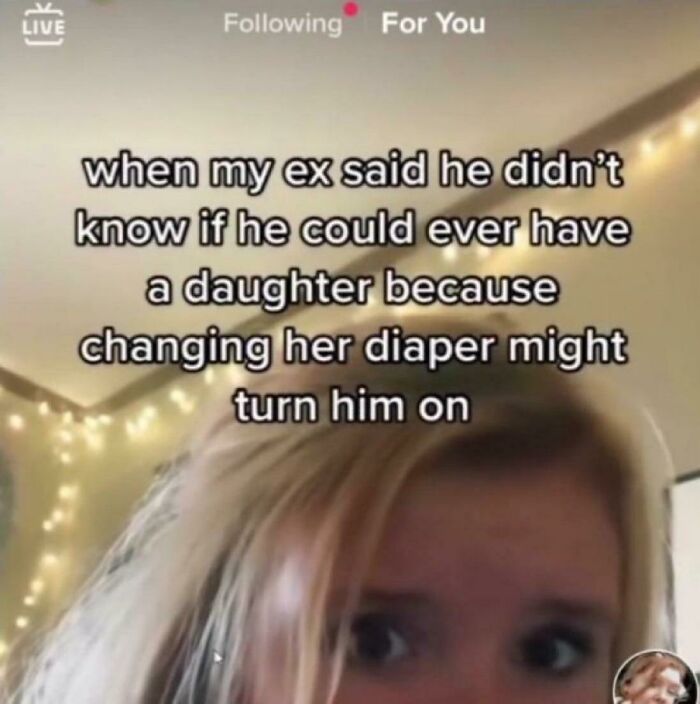 Text post about uncomfortable cringe-worthy takes on women, showing a surprised woman with blurred background lights.