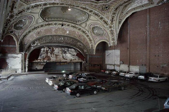 The Michigan Theater In Detroit. Closed In 1976 And Gutted To Put A 3 Story Parking Garage Inside. Many Remnants Of It Remain