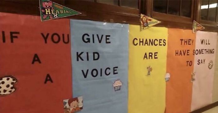 Sign fails with colorful panels showing an incomplete phrase about giving kids a voice.