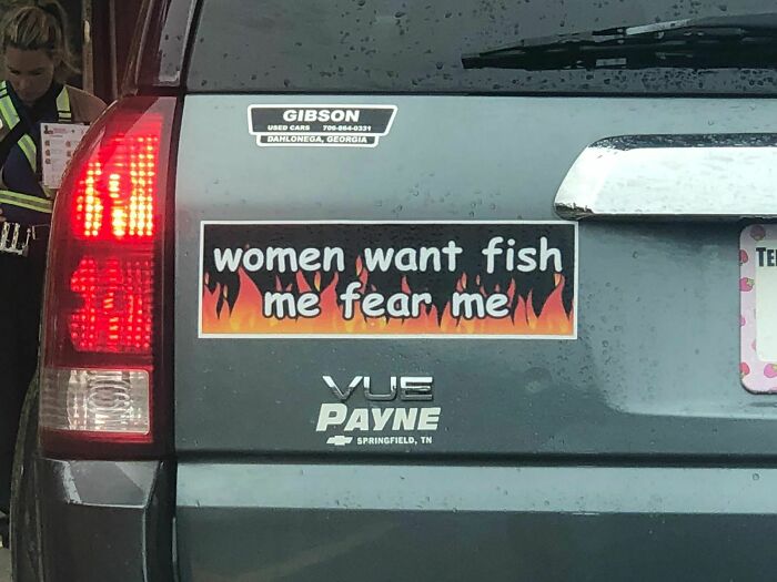 Car with humorous sign fail: "women want fish me fear me" in flames design on the rear bumper.