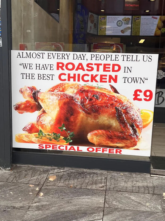 Sign fail featuring a roasted chicken advertisement with humorous phrasing in a shop window display.