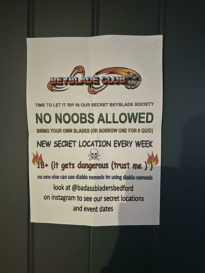Sign for a Beyblade club in the UK, stating "No Noobs Allowed," with hints of British humor and details about secret locations.