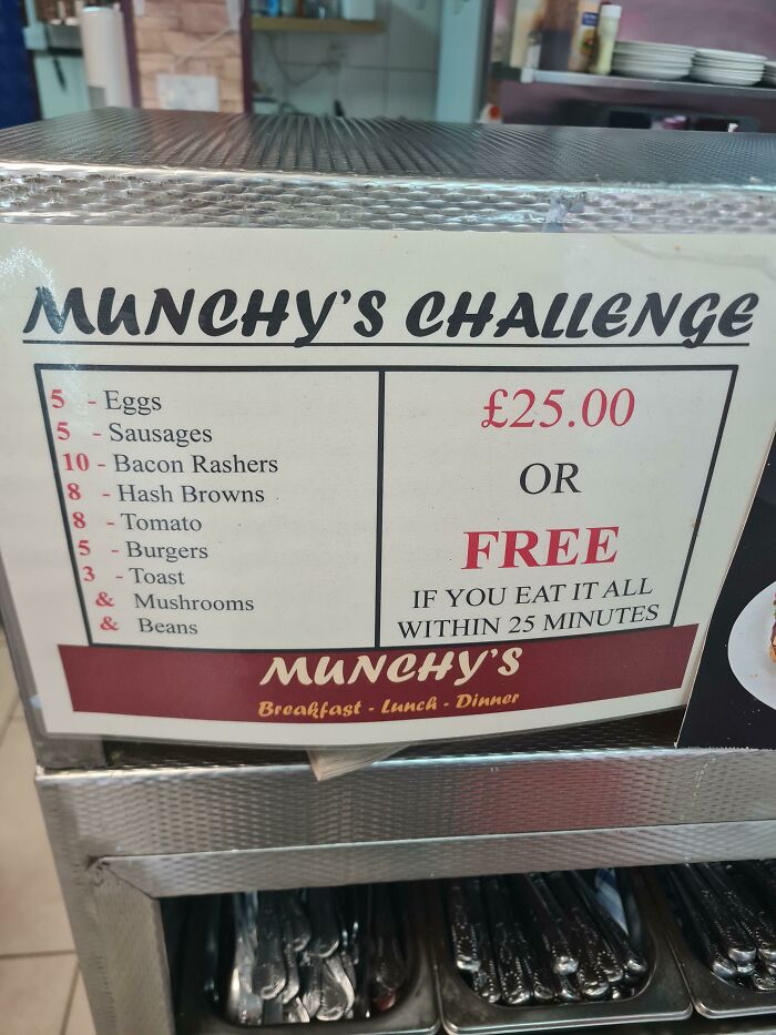 Munchy's breakfast challenge menu showcasing a classic British food experience with a humorous twist.