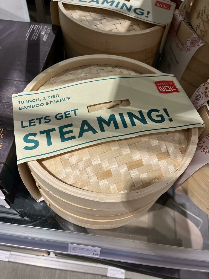 Bamboo steamer in a UK store with humorous packaging saying "Let's Get Steaming."